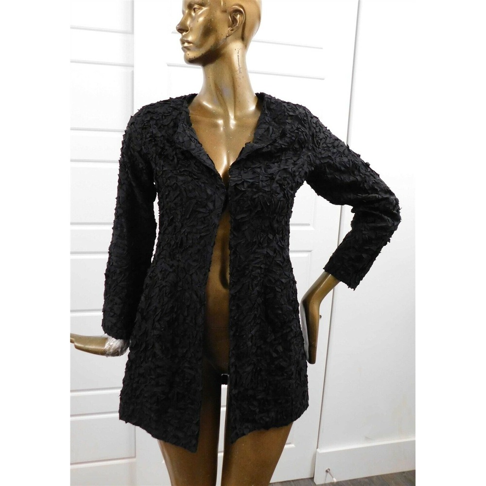 Eileen Fisher Black Fringe 100% Silk Mid Length Jacket sz 4